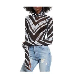AFRM Women's Zadie Mesh Top Abstract Chevron Black & White Turtleneck Size XS